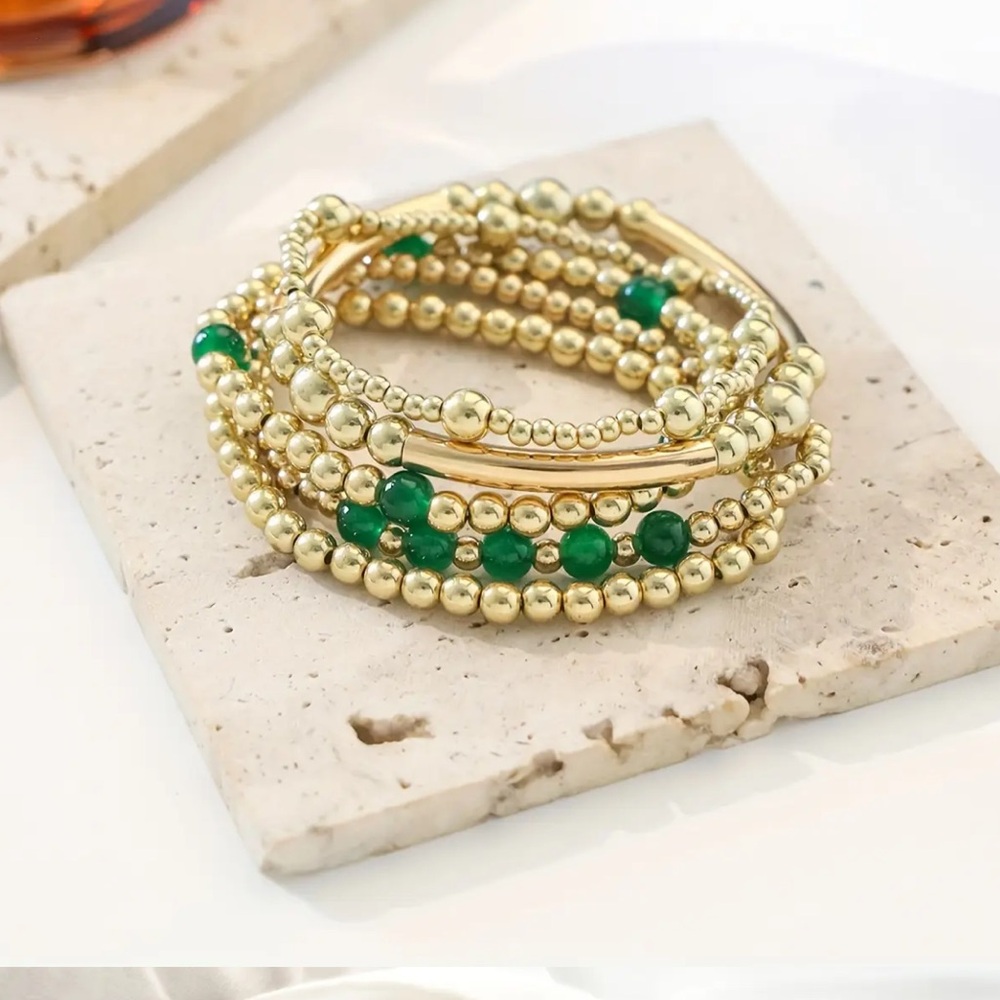 Modern Boho Gold and Green Beaded Bracelet Set